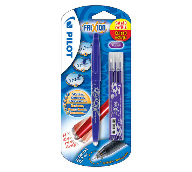 Rollerpen PILOT friXion medium paars blister à 1 stuk + 3 vullingen