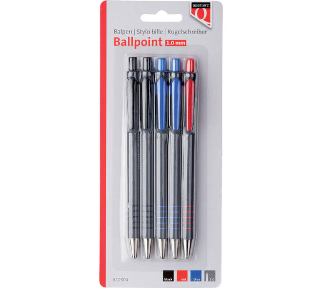 Balpen Quantore grip drukknop assorti 5 stuks