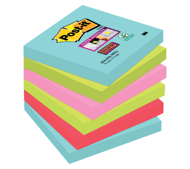 Memoblok Post-it 654 Super Sticky 76x76mm Cosmic 6 stuks