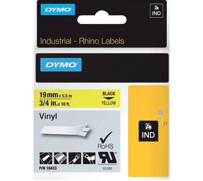 Labeltape Dymo Rhino industrieel vinyl 19mm zwart op geel