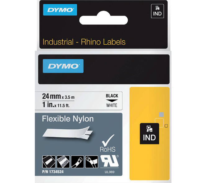 Labeltape Dymo Rhino industrieel nylon 24mm zwart op wit