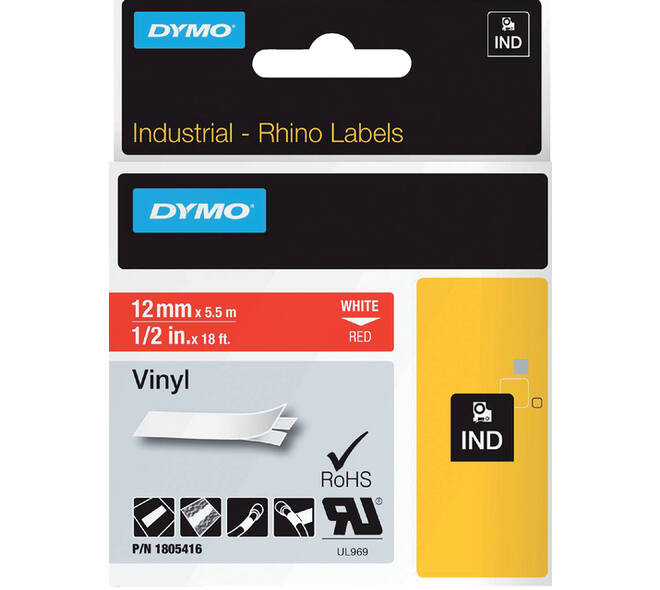 Labeltape Dymo Rhino industrieel vinyl 12mm wit op rood