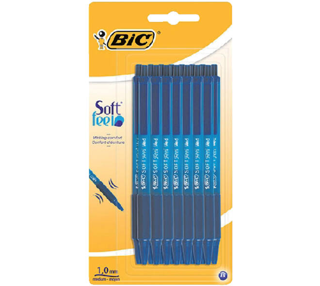 Balpen Bic soft feel clic grip blauw medium blister à 15 stuks