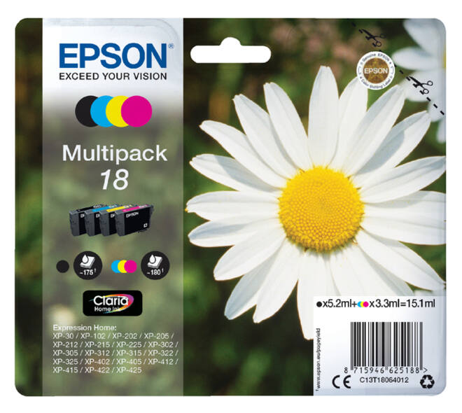 Inktcartridge Epson 18 T1806 zwart + 3 kleuren