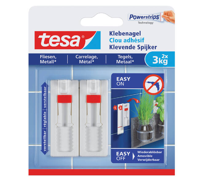 Klevende Spijker tesa® tegels & metaal 3kg verstelbaar wit 2 stuks