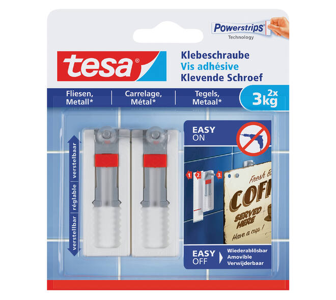 Klevende schroef tesa® tegels & metaal 3kg verstelbaar wit 2 stuks