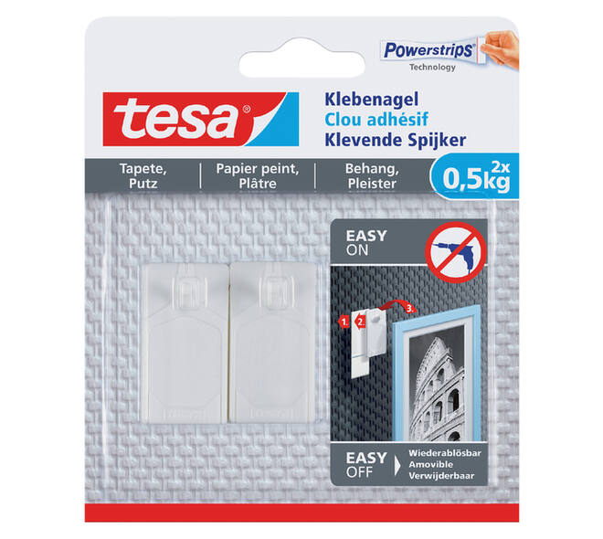 Klevende spijker tesa® behang en pleisterwerk 0,5kg wit 2 stuks