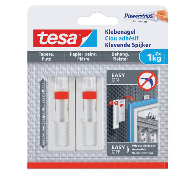 Klevende spijker tesa® behang en pleisterwerk 1kg verstelbaar wit 2 stuks