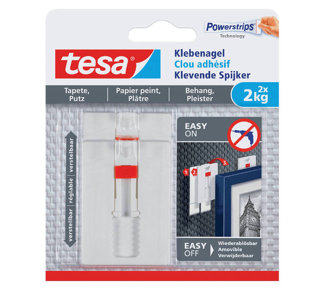 Klevende spijker tesa® behang en pleisterwerk 2kg verstelbaar wit 2 stuks