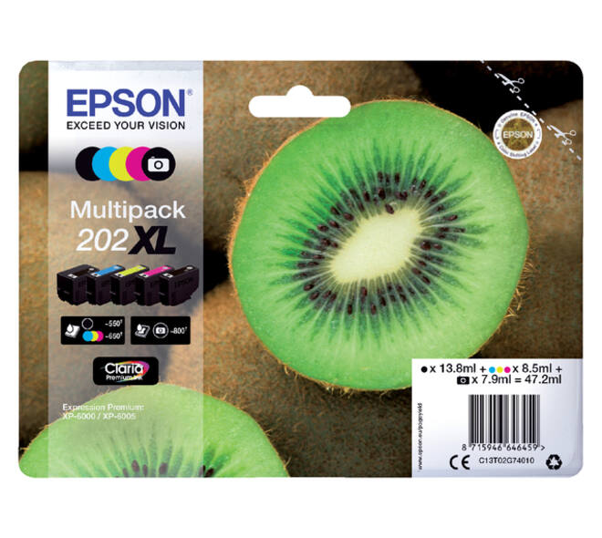 Inktcartridge Epson 202XL T02G74 zwart + 3 kleuren + foto zwart