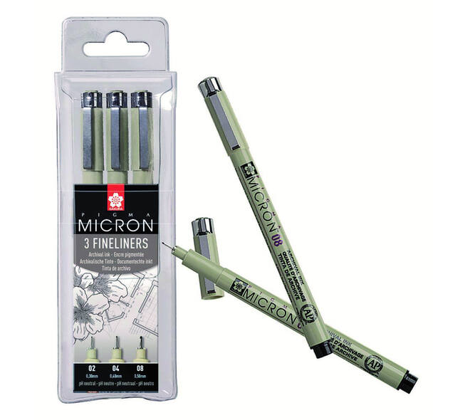 Fineliner Sakura Pigma Micron set à 3 schrijfbreedtes fijn zwart