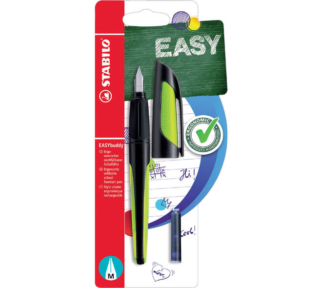 Vulpen STABILO Easybuddy rechtshandig M zwart/lime blister à 1 stuk