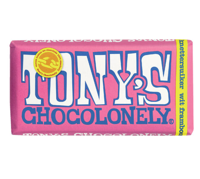 Chocolade Tony's Chocolonely wit framboos knettersuiker reep 180gr