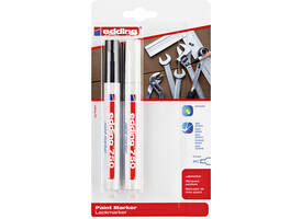 Paintmarker edding 750 op oliebasis 2-4mm wit en zwart blister à 2st