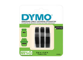 Reliëftape Dymo embossing plastic 9mm zwart op wit 3 stuks