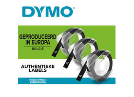Reliëftape Dymo embossing plastic 9mm zwart op wit 3 stuks