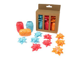 Krullint en strik rood/oranje/blauw 12 stuks