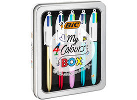 Balpen Bic 4kleuren My Bic medium assorti blik à 5 stuks