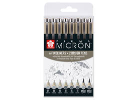 Fineliner Sakura Pigma Micron 6 schrijfbreedtes - 2 brushpen koudgrijs