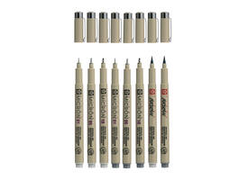 Fineliner Sakura Pigma Micron 6 schrijfbreedtes - 2 brushpen koudgrijs