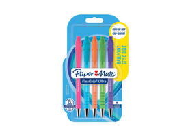 Balpen Paper Mate Flexgrip drukknop Bright fun medium assorti 5 stuks