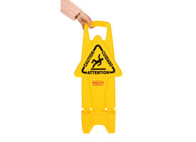 Waarschuwingsbord Rubbermaid tweezijdig meertalig met voet 66cm geel