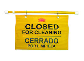 Waarschuwingsvlag hangend meertalig closed for cleaning geel