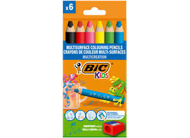 Kleurpotloden BicKids Multi Surface + puntenslijper assorti 6 stuks