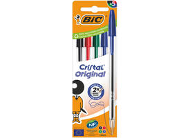 Balpen Bic Cristal medium assorti blister à 5 stuks