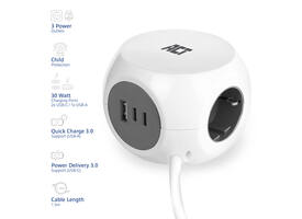 Stekkerblok ACT 3 voudig  inclusief 2x USB C/A 1.5 meter wit/grijs