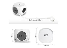 Stekkerblok ACT 3 voudig  inclusief 2x USB C/A 1.5 meter wit/grijs