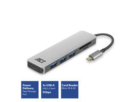 Hub ACT USB-C 3.0, 3x USB-A cardreader PD p-through