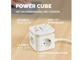 Stekkerblok Fellowes Power Cube F 3 voudig 1xUSB A 2xUSB C 2 meter wit
