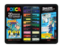 Paintmarker Uni POSCA Manga Hero assorti metalen koffer à 20 stuks