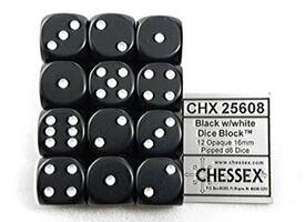 Dobbelsteen Chessex Black/white D6 16mm set à 12 stuks
