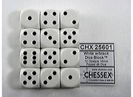 Dobbelsteen Chessex White/black D6 16mm set à 12 stuks