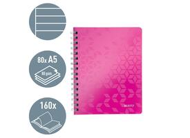 Notitieboek Leitz WOW A5 spiraal 160 pagina's lijn roze