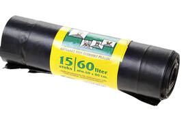 Vuilniszak Komo 60 liter met trekband zwart rol à 15 stuks