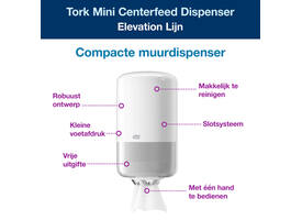 Poetspapierdispenser Tork M1 Elevation klein wit 558000