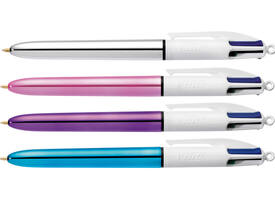Balpen Bic 4kleuren shine medium zilver/paars/roze/blauw